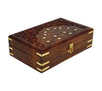 Ajuny Boîte à Bijoux en Bois Sculpté 20x13 cm - Coffret de Rangement en Bois Massif avec Incrustations en Laiton Motif Floral, Boîte à Souvenirs Décorative Idée Cadeau Femme