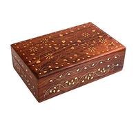 Ajuny Boîte à Bijoux en Bois Sculpté avec Incrustations en Laiton - Coffret de Rangement motif floral 20 x 13 x 6 cm, Fait Main, Organisateur de Souvenirs & Bibelots, Idée Cadeau