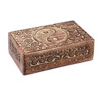 Ajuny Boîte à Bijoux Yin Yang Tai Chi en Bois de Manguier 20x13x6,5 cm - Coffret de Rangement Vintage Sculpté à la Main pour Bijoux & Montres, Boîte Souvenirs Décorative, Idée Cadeau