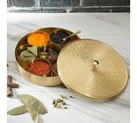 Ajuny Boîte à épices Ronde en Laiton Fabriquée à la main Dorée Avec Couvercle en Relief - Beau Design 7 Récipients à épices et 1 Cuillère Design Masala Canister Organizer Gifts