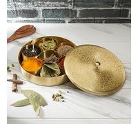 Ajuny Boîte à épices Ronde en Laiton Fabriquée à la main Dorée Avec Couvercle en Relief - Beau Design 7 Récipients à épices et 1 Cuillère Design Masala Canister Organizer Gifts