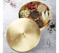 Ajuny Boîte à épices Artisanale en Laiton Doré avec Couvercle en Relief - Boîte Ronde Masala avec 7 Récipients Amovibles et 1 Cuillère, Idéale pour les Assaisonnements et les Herbes Cadeaux