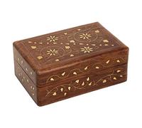 Ajuny Boîte de Rangement Décorative en Bois Sculptée à la Main Motif de Sculptures Florales et Incrustations en Laiton Coffre au Trésor de Voyage Porte Bijoux Cadeau