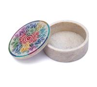Ajuny Boîte Ronde en Stéatite Fait Main - Mandala Sculpté 7,5 x 7,5 x 3 cm, Boîte à Bijoux & Porte-Bagues, Coffret Souvenirs/Rangement Trésors, Cadeau Artisanal Déco Maison