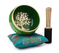Ajuny Bol chantant bouddhiste tibetain - Arbre de vie - Son de meditation vert OM Bell - 4 pouces de diametre pour accessoires de relaxation et de meditation - Baton et coussin inclus