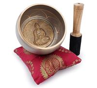 Ajuny Bol chantant bouddhiste tibetain - Bouddha - Son de meditation OM Bell beige - 4 pouces de diametre pour accessoires de relaxation et de meditation - Baton et coussin inclus