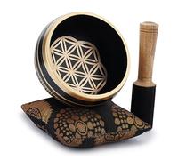Ajuny bol chantant bouddhiste tibetain - fleur de vie - son de meditation OM noir - 4 pouces de diametre pour la relaxation et les accessoires de meditation - baton et coussin inclus