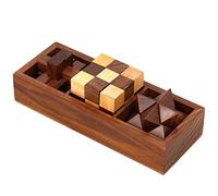 Ajuny Coffret Casse-Tête 3D en Bois 3-en-1 - Jeu de logique Ados & Adultes avec Plateau de Rangement 3 Compartiments, Format Compact, Fait Main - Idée Cadeau déco pour Bureau & Maison