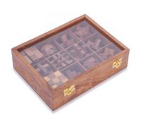 Ajuny Coffret Casse-Tête 3D en Bois 9-en-1 - Puzzles variés avec boîte de Rangement à Couvercle en Verre (env. 24×18×6,3 cm) - Jeu de logique pour Ados & Adultes, Artisanal, Compact, idée Cadeau