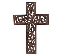 Ajuny Croix murale décorative en bois faite à la main à suspendre - Motif floral sculpté à la main - Pour église de Christ - Décoration murale catholique pour la maison, le bureau, l'église, cadeaux