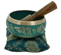 Ajuny Ensemble de Bols Chantants Tibétains - Bol Sonore de 4 pouces en Laiton vert Fabriqué à la Main avec Bâton et Coussin pour le Yoga, la Guérison, la pleine Conscience et le Soulagement du Stress