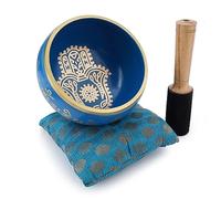 Ajuny Ensemble de Bols Chantants Tibétains en Laiton Bâton et Coussin pour Yoga Guérison des Chakras Soulagement Stress Sonore Méditation Artisanale Cadeaux pour Femmes et Hommes - Doré Bleu