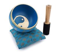 Ajuny Ensemble de Bols Chantants Tibétains - Fabriqué à la Main en Laiton Bleu 4 pouces Avec Bâton et Coussin Pour le Yoga, la Guérison des Chakras Sonores et le Soulagement du Stress