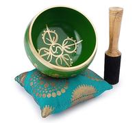 Ajuny Ensemble de Bols Chantants Tibétains - Flèche Yin/Yang pour Méditation en laiton vert 10,2 cm avec Bâton et Coussin pour le Yoga, la Guérison des Chakras Sonores et le Soulagement du Stress