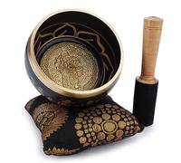 Ajuny Ensemble de Bols Chantants Tibétains - Sculpture Artisanale en Laiton Noir 4 pouces avec Bâton et Coussin pour le Yoga, la Guérison Sonore et le Soulagement du Stress, bol Facile à jouer