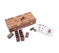 Ajuny Ensemble de cribbage, dominos et jeu de dés en bois faits à la main | 28 dominos en bois, 5 dés en bois et 6 broches métalliques | Boîte de rangement décorative avec insert en laiton Dimensions