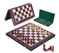 Ajuny Jeu d'échecs en bois - Échiquier pliable fait à la main avec compartiment de rangement intégré - Jeu d'échecs avec figurines - Jeu de stratégie classique pour enfants et adultes - Cadeau - 37 cm