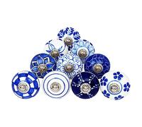 Ajuny Lot de 10 Boutons de Meuble en Céramique Bleu & Blanc - Peints à la Main, Finition Brillante - Poignées pour Tiroirs, Portes de Placard & Armoires de Cuisine - Style Vintage Décoratif