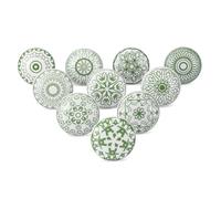 Ajuny Lot de 10 Boutons de Meuble en Céramique Vert et Blanc - Poignées Imprimées Fait Main pour Armoires de Cuisine, Placards de Salle de Bain, Tiroirs & Commode - Poignées Décoratives