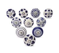 Ajuny Lot de 10 Boutons en Céramique Bleus et Blancs Peints à la Main Motif Floral pour Armoires Cuisine Placards Salle de Bain Commodes Tiroirs Poignées en Poterie Faites à la Main Décoratifs