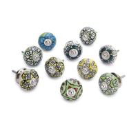 Ajuny Lot de 10 Boutons en Céramique Multicolores Verts Peints à la Main Motif Floral pour Armoires de Cuisine Placards Commodes Tiroirs Poignées en Poterie Faites à la Main Décoratifs