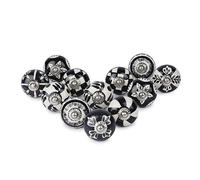 Ajuny Lot de 12 Boutons en Céramique Motif Floral Noir et Blanc pour Armoires de Cuisine Placards de Salle de Bain Commodes Tiroirs Poignées Faites à la Main Boutons Décoratifs en Poterie