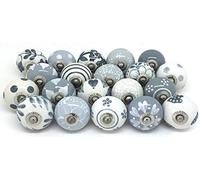 Ajuny Lot de 20 Boutons de Tiroir en Céramique Gris et Blanc pour Cuisine Salle de Bain Placard Commode Meubles Poignées Décoratives en Céramique Finition Brillante