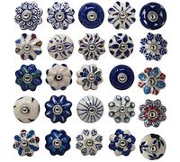 Ajuny Lot de 25 boutons colorés en céramique faite à la main, bleu, pour placards de cuisine, armoires de salle de bain, commodes, tiroirs, coffres