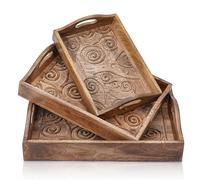 Ajuny Lot de 3 Plateaux de Service en Bois Sculptés Arbre de Vie | Petit-Déjeuner Café Thé Snacks Cuisine Salle À Manger Ottoman Décoration Maison Mariage Crémaillère Anniversaire Cadeau