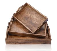 Ajuny Plateau de service rectangulaire en bois de manguier avec poignées 38,1 x 25,4 cm - Style uni solide - Fabriqué à la main - Pour collations, café, thé, décoration et cadeau polyvalent pour la