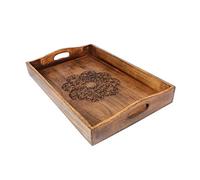 Ajuny Plateau en bois de manguier sculpté à la main avec poignées - 38,1 x 25,4 cm - Motif floral - Pour collations, café et thé