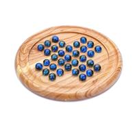 Ajuny Solitaire en Bois Fait Main - Plateau Rond 23 cm avec 33 Billes Bleues, Jeu de Société Classique de Logique, Décoration de Bureau, Cadeau Famille pour Enfants et Adultes