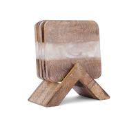 Ajuny sous-Verres Carrés Bois & Résine Blanc Faits Main - Lot de 4 Antidérapants 10 x 10 cm, Protection de Table pour Tasses à Café/Thé, Verres à Eau/Vin, Déco Maison Cuisine Salon