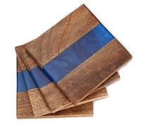 Ajuny sous-Verres Carrés Bois & Résine Bleue Faits Main - Lot de 4 Antidérapants 10 x 10 cm, Protection de Table pour Tasses à Café/Thé, Verres à Eau/Vin, Déco Maison Cuisine Salon