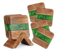 Ajuny sous-Verres Carrés Bois & Résine Vert Faits Main - Lot de 4 Antidérapants 10 x 10 cm, Protection de Table pour Tasses à Café/Thé, Verres à Eau/Vin, Déco Maison Cuisine Salon