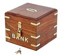 Ajuny Tirelire en Bois Carrée Artisanale avec Serrure et Clé Boîte Épargne,