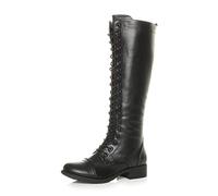 Ajvani Femmes Talon Bas Hauteur du Genou Mollet armée Lacer Bottes Militaires,Noir, 41 EU