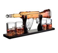 AK47 Big Pistol Whisky Decanter Set de carafe à décanter 1000 ml avec 4 verres Bullet Idéal pour vodka, rhum, tequila - Verre à brandy dans un emballage sûr - Base en bois