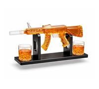 AK47 Kalachnikov Coffret cadeau XXL à décanter à whisky 850 ml avec 2 verres de 225 ml chacun, en verre et en bois, forme de fusil sur support en bois, fait à la main, cadeau pour homme, cadeau de