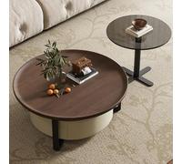 AKALNNB Lot de 2 tables basses pivotantes en option, tables gigognes avec tiroir de rangement, table d'appoint ronde en verre trempé transparent, marron