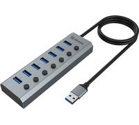 Akasa Powered USB Hub, Aluminium 7 USB Port with 3.2 Gen 1 (5Gbps) Superspeed and Individual Switch for PC Laptop, Desktop and More, Both UK/EU Plugs Included, AK-HB-21BKCM