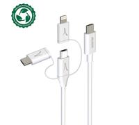 Akashi Câble ALTECO3IN1TC 3-en-1 USB-C/Lightning/Micro-USB Charge 1 m Blanc Écoresponsable