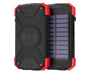 Akashi Technology - Batterie Externe Solaire 10000mAh, Chargeur Solaire Randonnée USB / USB-C + Chargeur Induction Sans Fil, Antichocs, IPX4, Lampe Torche - Noir