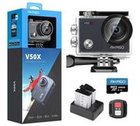 V50X Caméra Sport avec Carte Mémoire microSDXC U3 128Go 4K 30FPS Ultra Full HD Stabilisateur Ecran Tactile Kit d'Accessoires
