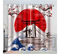 AKATIE Art Japonais Rideaux Thermique Isolant Anti Froid Polyester 2 Pièces 3D Impression Fleur De Cerisier Soleil Rouge Motif Opaque Rideau Occultant Oeillet Chambre Salon Rideau （220x215 cm）