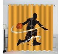 AKATIE Basket-Ball Rideau Occultant Lot de 2 Chambre Enfant Fille Garcon 3D Impression Jaune Motif Rideaux Acoustiques Opaque Petites Fenêtres Décoration （140x160 cm）