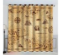 AKATIE Carte Rideau Occultant Lot de 2 Chambre Enfant Fille Garcon 3D Impression Carte Pirate Motif Rideaux Acoustiques Opaque Petites Fenêtres Décoration （140x160 cm）