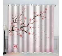 AKATIE Floraison des Cerisiers Japonais Rideaux Thermique Isolant Anti Froid Polyester 2 Pièces 3D Impression Fleurs Rose Motif Opaque Rideau Occultant Oeillet Chambre Salon Rideau （220x215 cm）