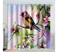 AKATIE Oiseau Rideaux Thermique Isolant Anti Froid Polyester 2 Pièces 3D Impression Branche De Fleur De Printemps Motif Opaque Rideau Occultant Oeillet Chambre Salon Rideau (220x215 cm)