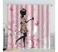 AKATIE Papillon Rose Rideau Thermique Isolant Anti Froid 2 Pièces Rideaux Fille Rideau Occultant 3D Impression Moderne Salon Chambre Rideaux Acoustiques （183x214 cm）